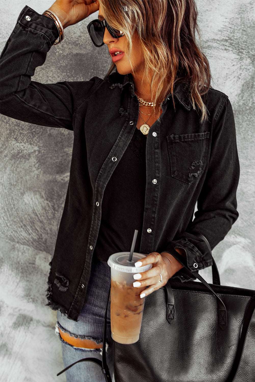 Lovely Distressed Snap Down Denim Jacket
