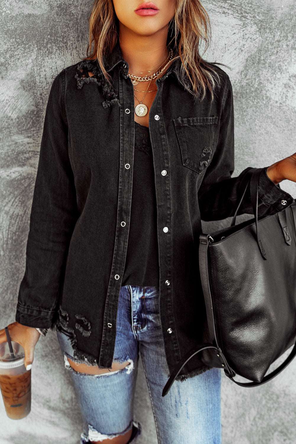 Lovely Distressed Snap Down Denim Jacket