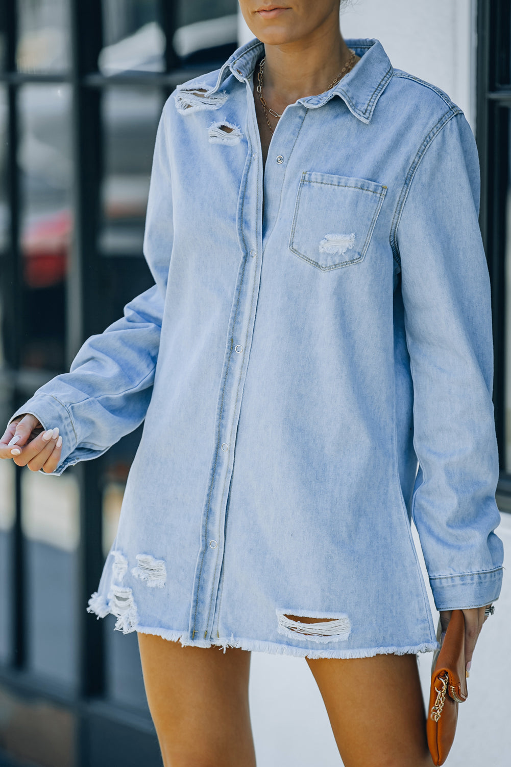 Lovely Distressed Snap Down Denim Jacket