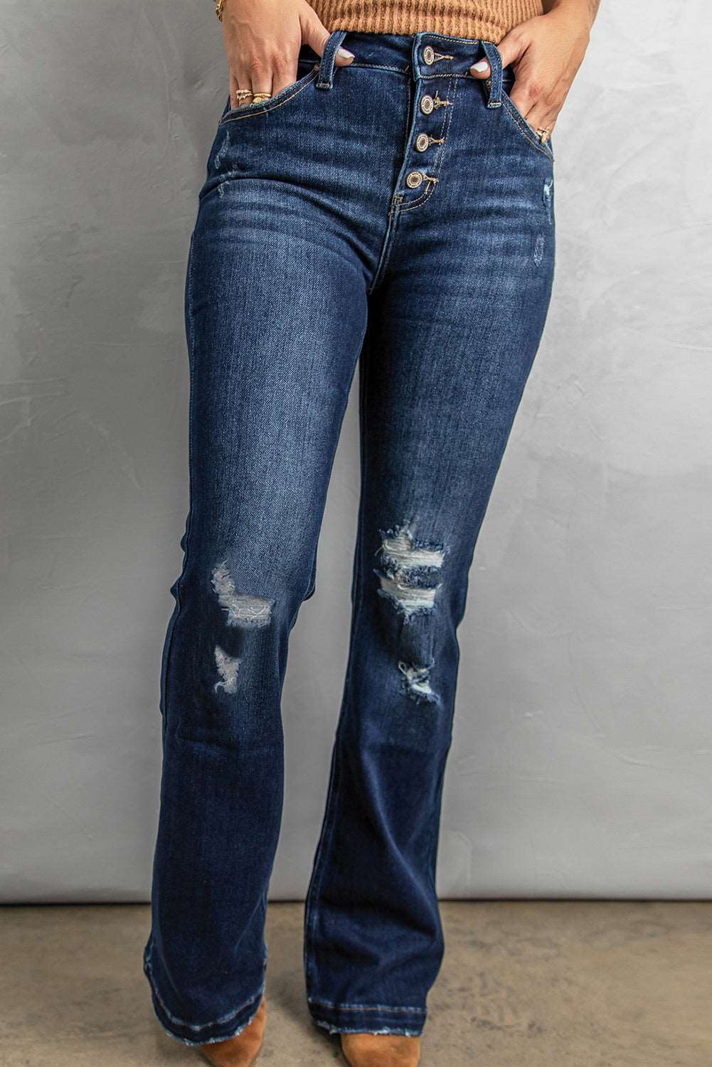 Grace Button Fly Distressed Bootcut Jeans
