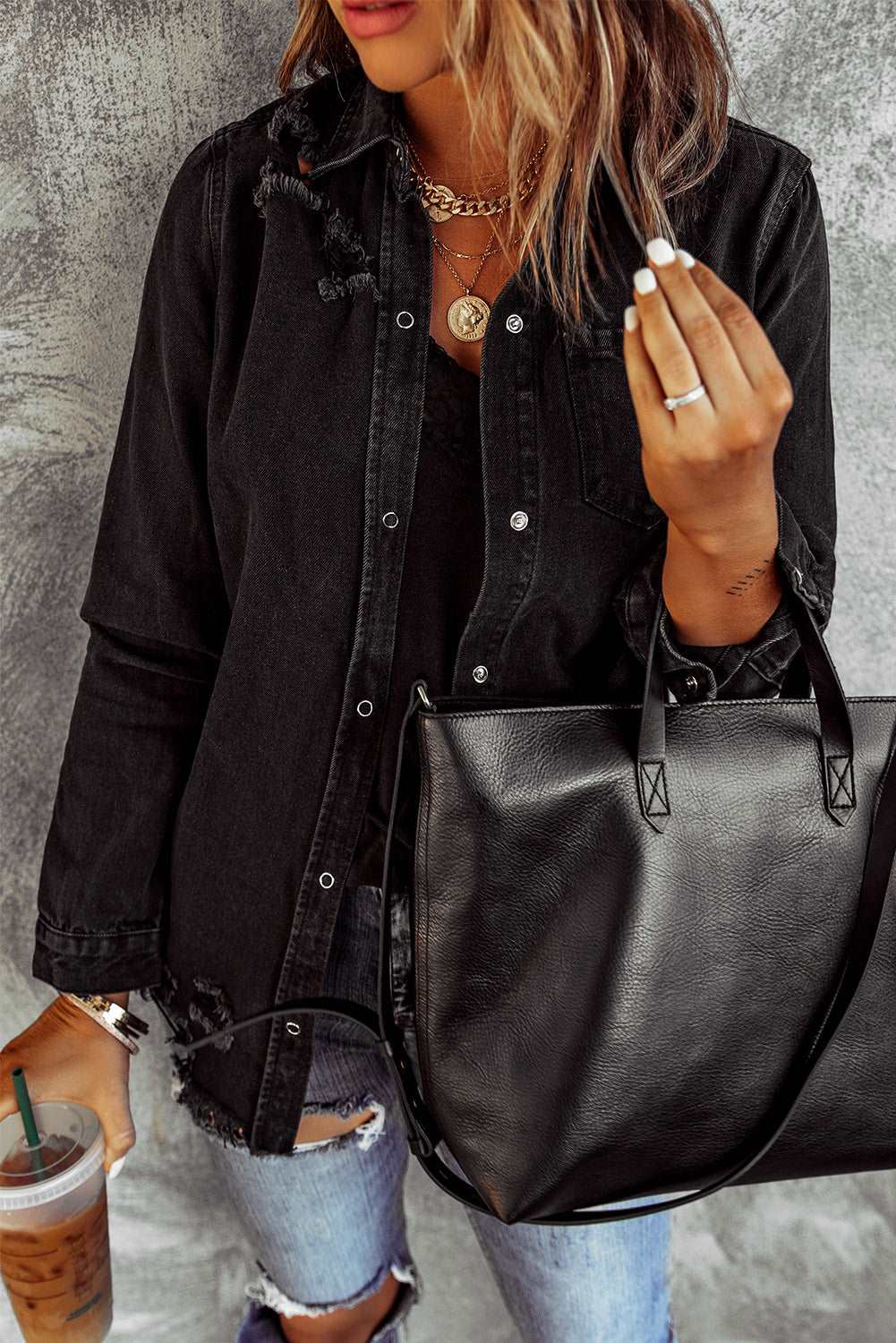Lovely Distressed Snap Down Denim Jacket