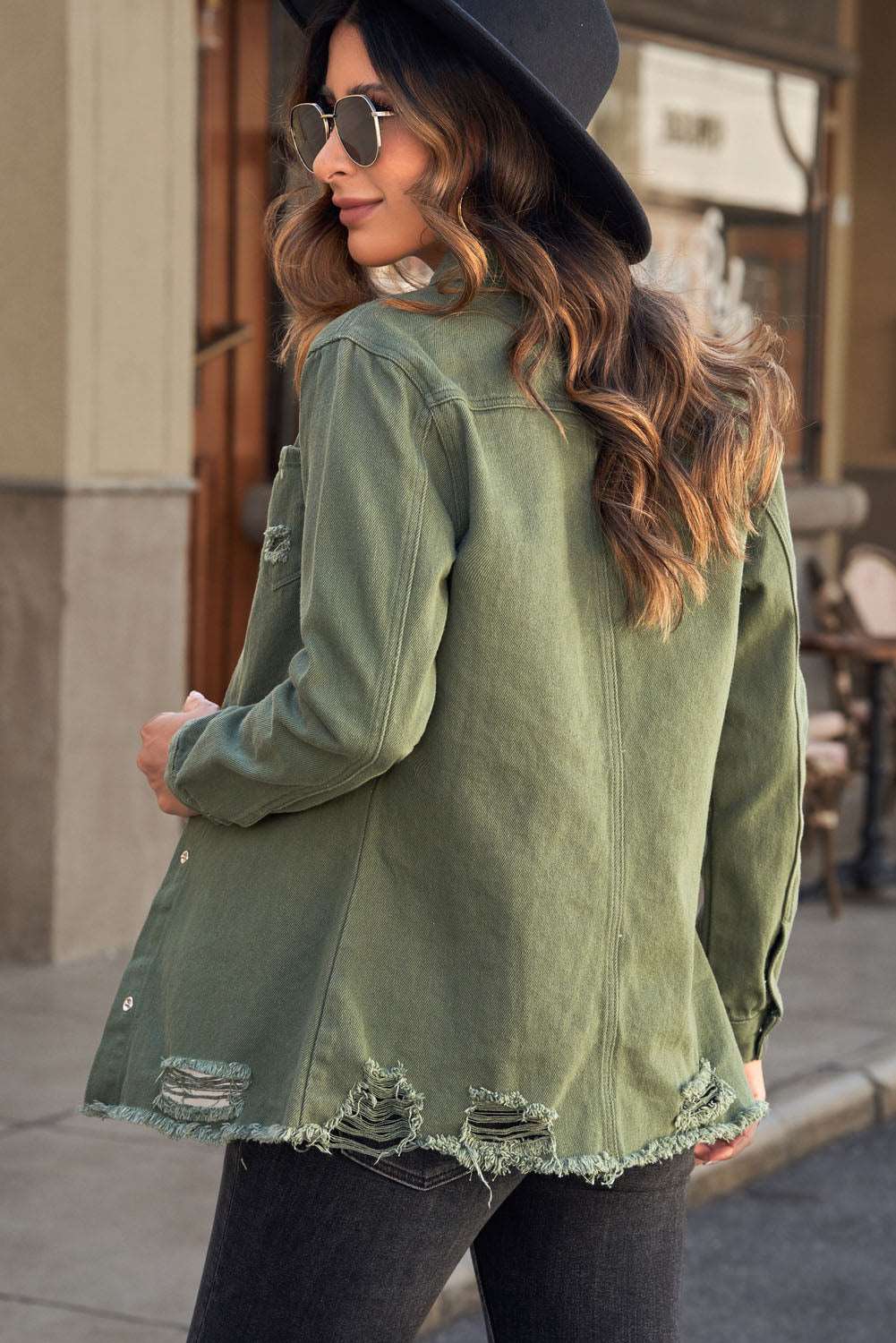 Lovely Distressed Snap Down Denim Jacket