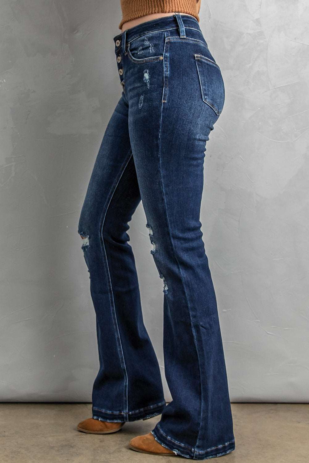 Grace Button Fly Distressed Bootcut Jeans